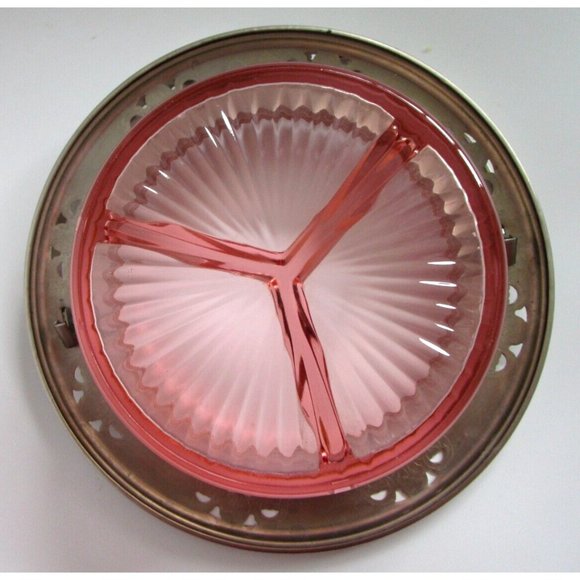 VTG Pink Depression GLASS Divided DISH W/HANDLE Candy/NUT FARBERWARE Silver Rim - Picture 11 of 16